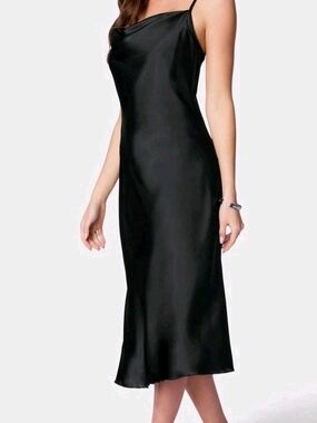 bebe Black Satin Slip Dress Size M Cowl Neck Bias Midi Glam Party Minimal LBD